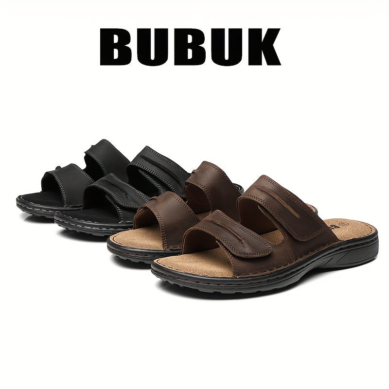 BUBUK Men's Genuine Leather Slip-On Slippers Sandals - Full-Grain Cowhide Upper, Adjustable Strap & Buckle, Black Heavy-Sole (PU/Fabric) for Beach, Casual, Outdoor - Comfortable All-Terrain Walking Shoes - Durable Leather Foo