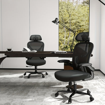 Ergonomic Office Chair with Adjustable Headrest & Lumbar Support, Height-Adjustable Computer Desk Chair with Flip-Up Armrests, 360° Swivel, Breathable Mesh Backrest & Seat, Durable Plastic Frame - Black for Home & Office Use