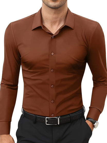 Men'S Slim Fit Long Sleeve Shirt - 55% Cotton, 40% Polyester, 5% Spandex, Solid Color, All-Season, Woven Fabric, Button-Up, Lapel Collar, Casual Weekend Wear, 125g/m²