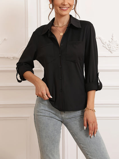 Solid Color Button Front Shirt, Casual Long Sleeve Pocket Shirt For Spring & Fall, Women's Clothing