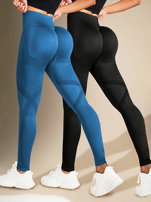 Two Solid Color High-Elasticity Fitness Yoga Leggings - Abdominal Control, Pleated, Elastic Waistband, Long Length, Made of Polyamide And Elastic Materials - Suitable for Women'S Activewear, Exercise, And All Seasons.