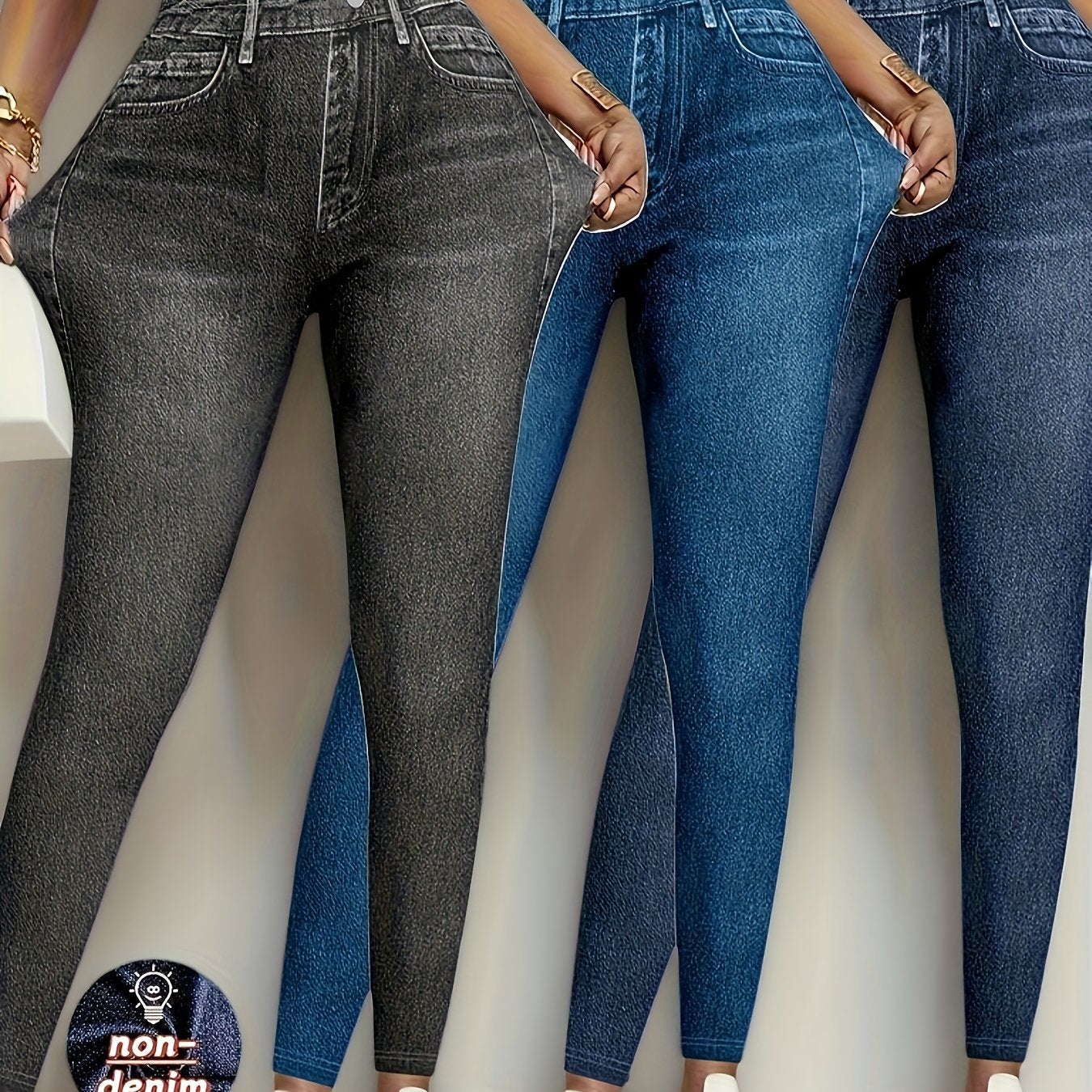 【imitation denim】New Three-Piece Set Imitation Faux Denim Women'S Slim Leggings - Elegant Stretchy Skinny Pants, Suitable for All Seasons, Can Be Worn As Casual Or Formal Attire, Machine Washable, Comfortable And Stylish