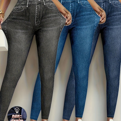 【imitation denim】New Three-Piece Set Imitation Faux Denim Women'S Slim Leggings - Elegant Stretchy Skinny Pants, Suitable for All Seasons, Can Be Worn As Casual Or Formal Attire, Machine Washable, Comfortable And Stylish