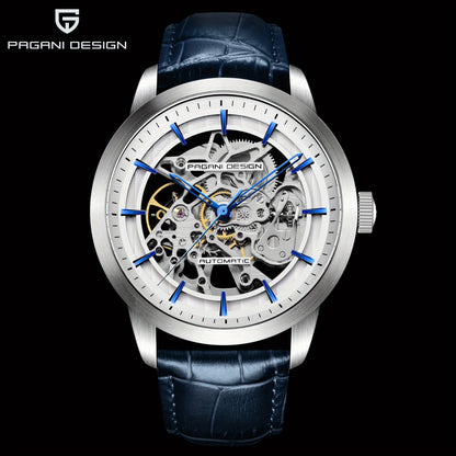 Pagani Design 2023 Men's Automatic Skeleton Watch, Self-Winding, Stainless Steel, Leather Strap, Pointer Series, Water Resistant To 100 Meters Sports Leather Watch