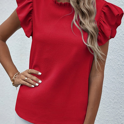 Ruffle Trim Crew Neck Blouse, Casual Solid Color Flutter Sleeve Blouse For Spring & Summer, Women's Clothing Wedding holiday vacation