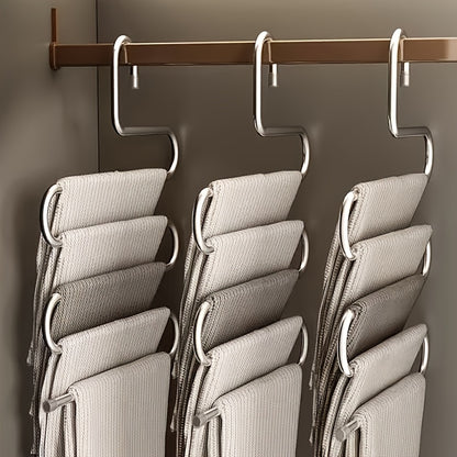 5-Tier Stainless Steel S-Shaped Pants Hanger - Non-Slip, Space-Saving Multi-Layer Jeans and Trousers Organizer with Polished Finish, Durable Metal Wardrobe Storage Solution for Neat Closet Organization