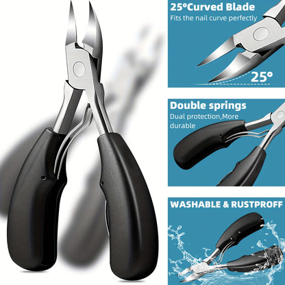 7pcs Stainless Steel Nail Care Kit for Ingrown & Thick Toenails - Heavy-Duty Clippers Set with Nail File, Cuticle Nippers, And Grooming Tools - Classic Black Handles for Men, Women, Seniors, Halloween Gift, DUANGDUANGBIU