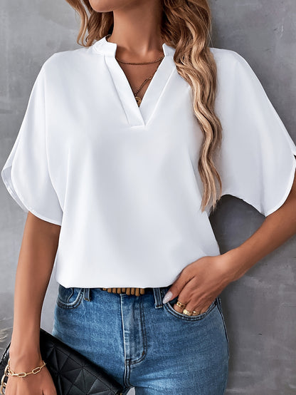 Solid Color Notch Neck Blouse, Casual Short Split Sleeve Blouse For Spring & Summer, Women's Clothing