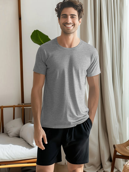 Conjunto de 4 t-shirts casuais para homem de cor sólida, estilo simples, manga curta e gola redonda, ideais para usar em casa, como pijama ou para atividades ao ar livre no verão.