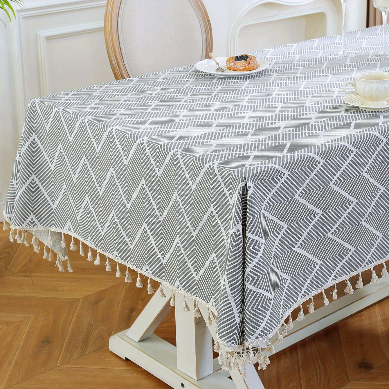1pc, Bohemian Geometric Wave Pattern Tablecloth - European Style Cotton and Linen Rectangular Tablecloth for Farmhouse, Restaurant, Picnic, Camping, Birthday Party Decoration and Home Decor