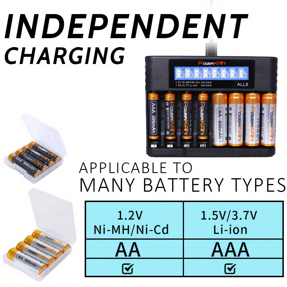 Set (battery + charger), PowerKAN 1.2V NiMH rechargeable AA & AAA Battery + ALL8 charger, high quality battery rechargeable discharge cycle, 800mAh AAx8 & 300mAh AAAx8 combination, with 5V 2A USB fast charging LCD charger
