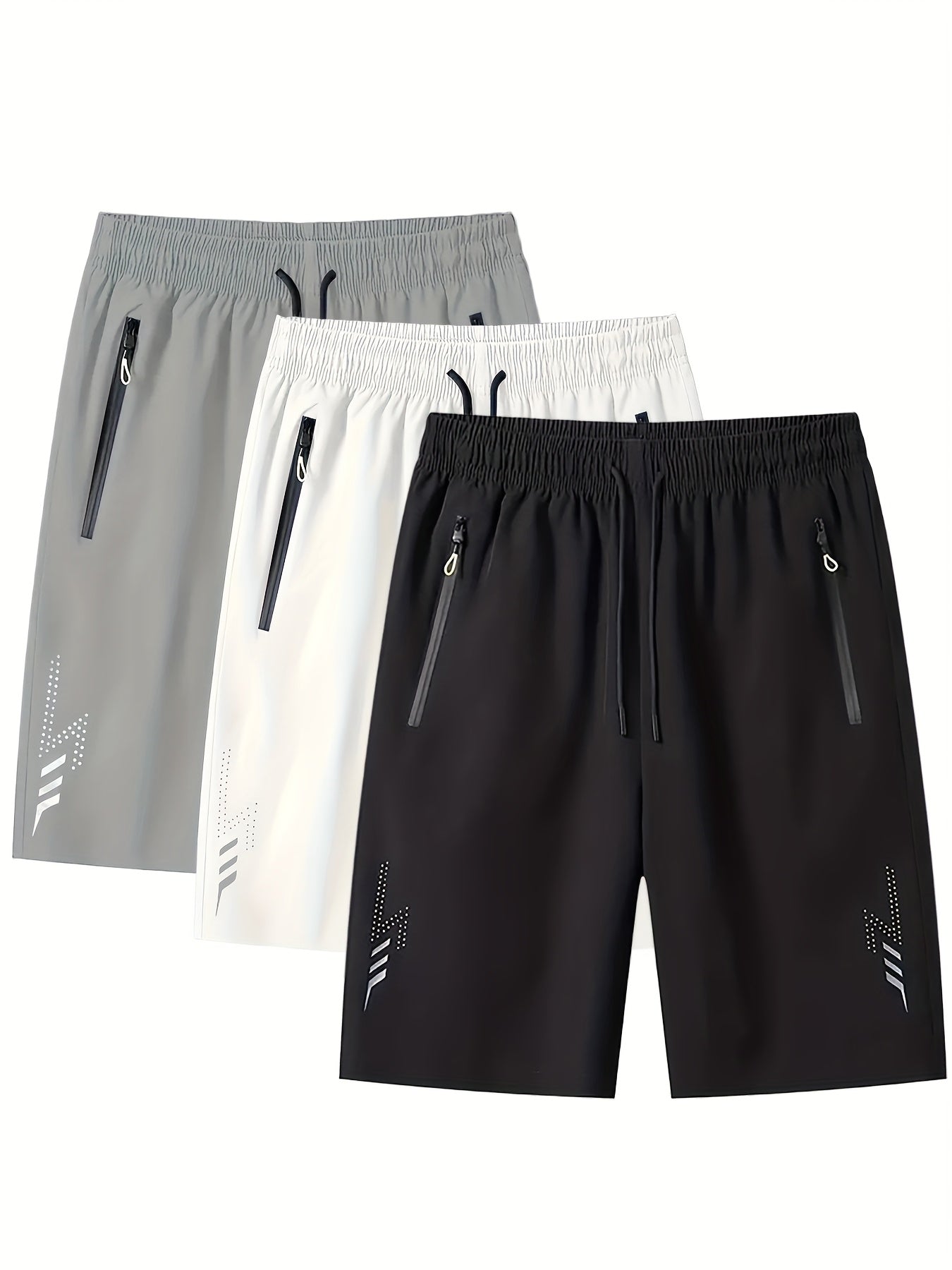 3pcs Men's Lightweight Quick-Dry Athletic Running Shorts - Loose Fit Plus Size, Zipper Pocket & Elastic Waistband, Polyester/Elastane Blend Swim Shorts with White & Black Design for Gym, Beach, Jogging - Summer Workout Swim T