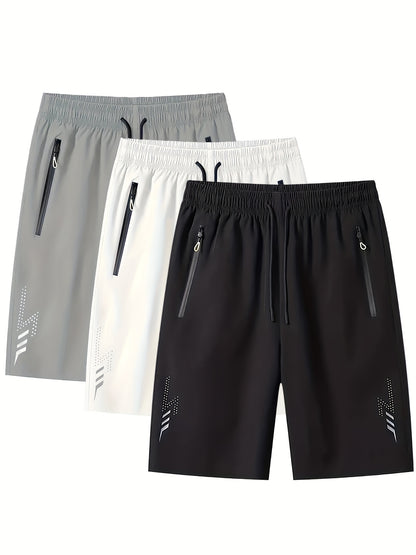 3pcs Men's Lightweight Quick-Dry Athletic Running Shorts - Loose Fit Plus Size, Zipper Pocket & Elastic Waistband, Polyester/Elastane Blend Swim Shorts with White & Black Design for Gym, Beach, Jogging - Summer Workout Swim T