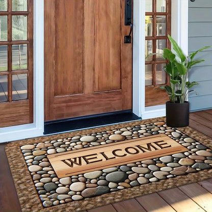 2D Welcome Home Non-Slip Door Mat - Durable, Machine Washable Mat with Stone Pattern & Wood Texture Design - Perfect for Farmhouse Decor, All-Season Use, Polyester Material, Welcoming Entrance Mat | Natural Look Mat | Wooden