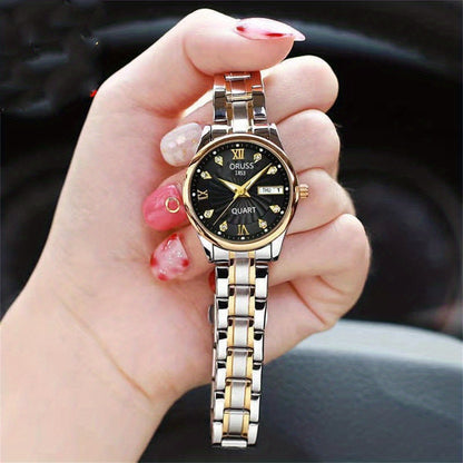 Luxury Rhinestone Decor Quartz Watch Waterproof Calendar Luminous Analog Wristwatch For Daily Life Business Travel Vacation Date Watch