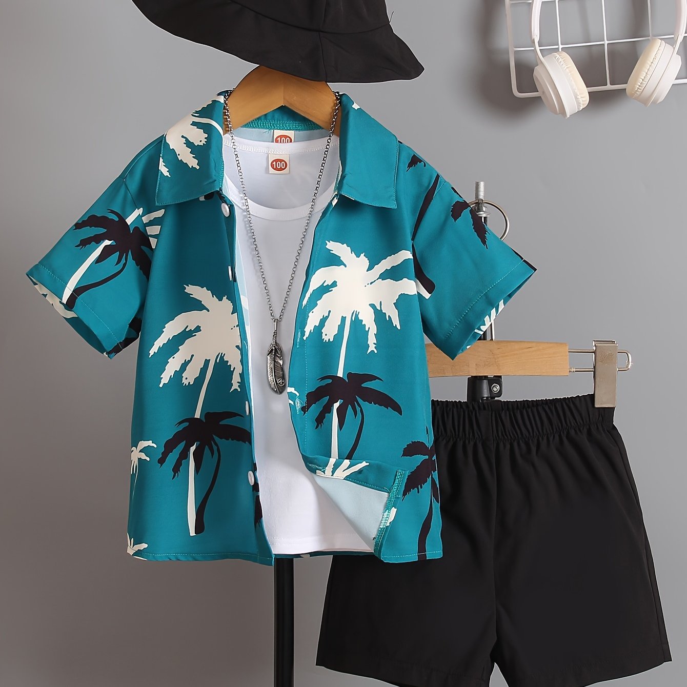 Boys' Summer Fashion Street Shirt Three-piece Set Only Selling Hats, Shirts and Shorts, Perfect for Outdoor