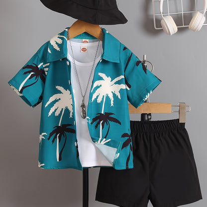 Boys' Summer Fashion Street Shirt Three-piece Set Only Selling Hats, Shirts and Shorts, Perfect for Outdoor