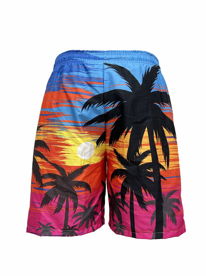 Quick Drying Comfortable Breathable Gradient Palm Tree At Dawn Seaside Drawstring Swim Trunks, Men's Board Shorts Swimwear For Summer Vacation Resort Beach Pool
