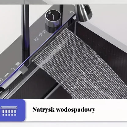 A Single-bowl Design Named 'Whale Rainfall Kitchen Sink' For Halloween And Christmas, Crafted From 304 Nanometre Stainless Steel. Features A Digital Display And Embossed Texture, Complete With Tap. Drainage Outlet Positioned