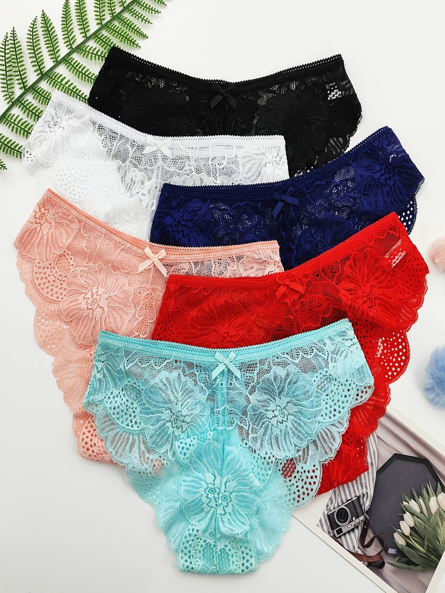 6pcs Jacquard Lace Bow Hipster Bikini Panties, Comfortable & Breathable Low Waist Briefs, Women's Lingerie & Underwear