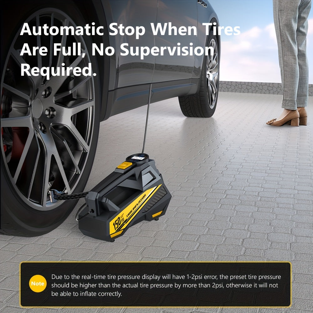 CaRSun Digital Tire Inflator, Portable Air Compressor Pump with LED Light for Cars, Motorcycles, Bicycles - DC 12V, 150 PSI, Black & Yellow Design, Plug-In Power Supply, No Battery Required, Bicycle Tire Inflator | Sleek Port