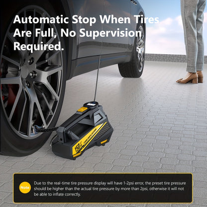 CaRSun Digital Tire Inflator, Portable Air Compressor Pump with LED Light for Cars, Motorcycles, Bicycles - DC 12V, 150 PSI, Black & Yellow Design, Plug-In Power Supply, No Battery Required, Bicycle Tire Inflator | Sleek Port