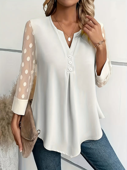 Solid Button Front Blouse, Elegant Long Sleeve Notched Neck Top, Women's Clothing