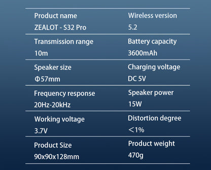 2024 New Style Zealot S32 Pro Wireless Speakers, Featuring Dual Pairing, a 3600Mah Battery, And 12 Hours of Loud Stereo Playtime with Booming Bass, Includes a Type-C Charging Cable for Connection with Mobile Phones, Tablets,