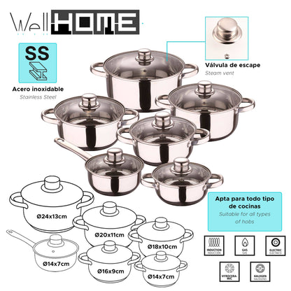 Well Home 12pcs Stainless Steel Kitchen Battery Game with Induction Bases And Ergonomic Handles