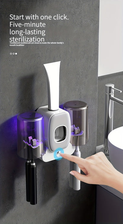1pc Automatic Toothpaste Dispenser & Brush Holder, Toothbrush Holders With Automatic Toothpaste Squeezer Device For Bathrooms, Toothbrush Organizer With Cup, Wall Mounted Shower Room Decor Set