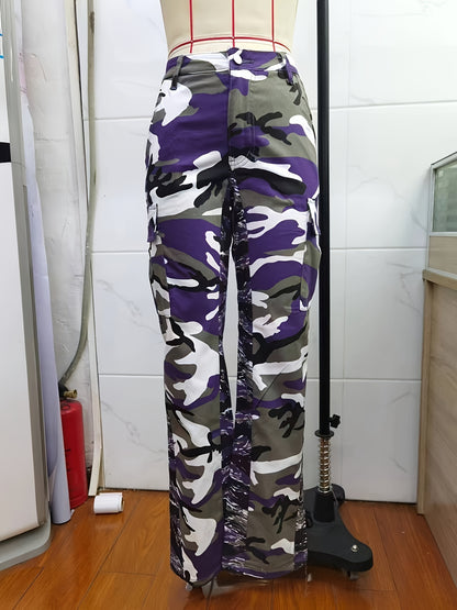 Calças de ganga cargo direitas de cintura subida com estampado camuflado, tecido médio elástico, bolso lateral com pala, cintura subida, calças de ganga femininas e roupa.