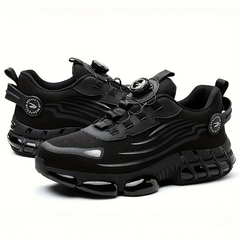 Men's Steel Toe & Puncture-Proof Work Boots - Breathable, Non-Slip Lace-Up Protective shoes with Rotary Buckle, Durable for Outdoor Activities, Black & Gray Mesh Upper, Steel Toe Shoes