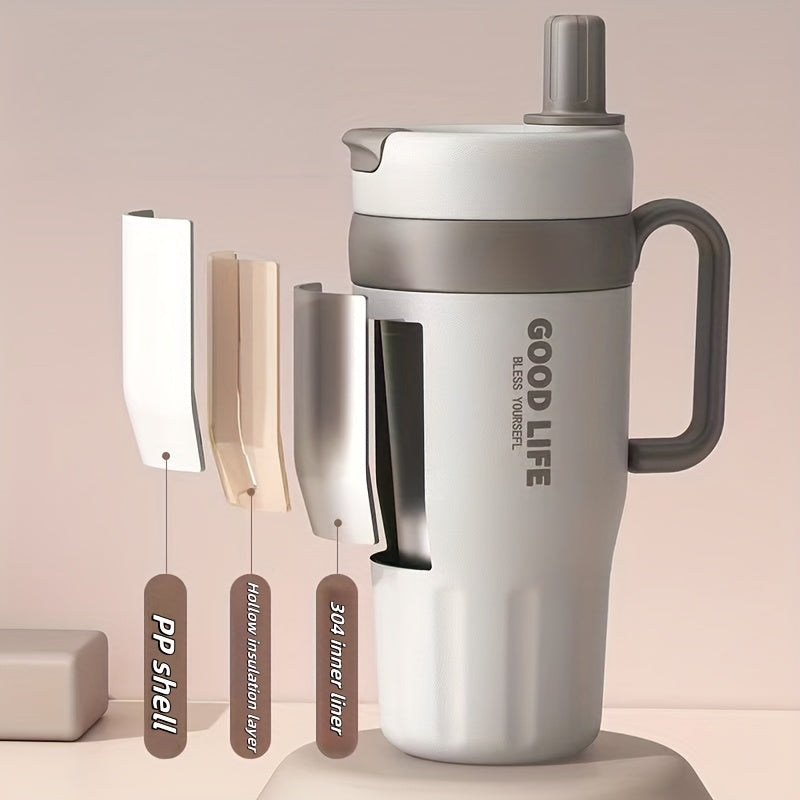 1pc 304 Stainless Steel Double-Walled Handle Tumbler, 720ml Large Capacity Sports Cup with Straw – Portable Outdoor Travel Mug, Essential High-Capacity Water Bottle for Car and Outdoors