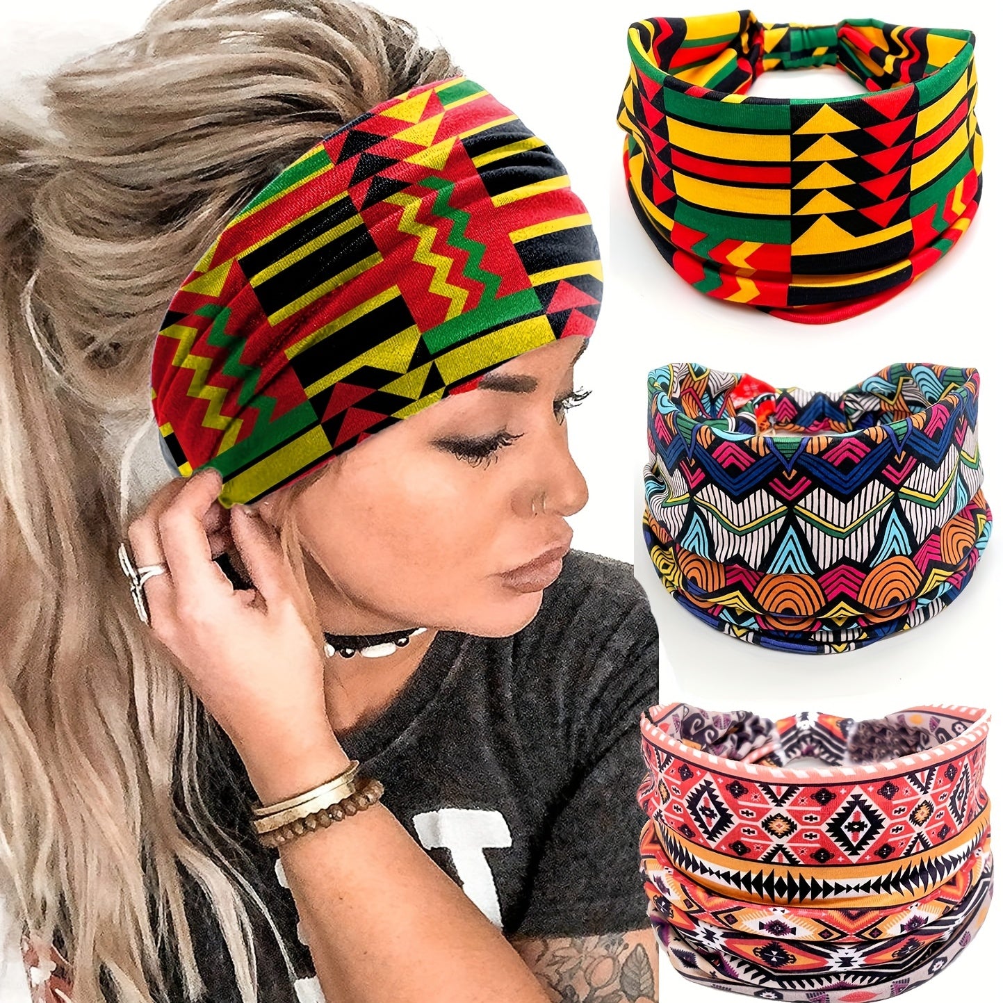 1pcs Stylish African Printed Boho Headband for Women - Stretchy Yoga Running Turban Hair Accessory
