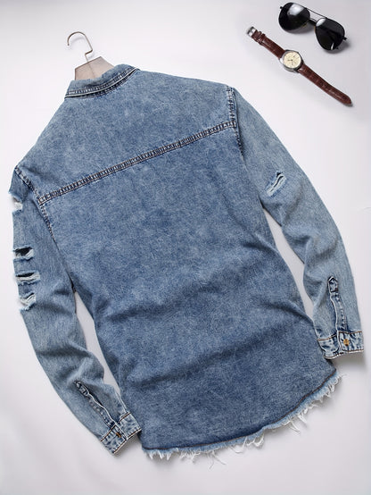 Men's Trendy Ripped Design Casual Button Up Long Sleeve Denim Shirt, Men's Clothes For Spring Summer Autumn, Tops For Men