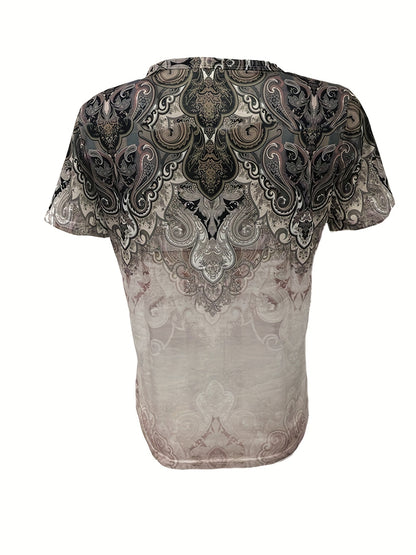 Paisley Print Notched Neck T-Shirt, Casual Short Sleeve T-Shirt For Spring & Summer, Women's Clothing