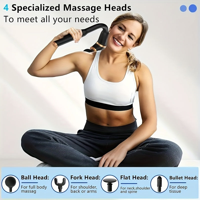 Long-Handle Deep Tissue Massage Gun, Portable Back Massager with Ergonomic Handle for Neck, Shoulder, And Back - Low Noise And Vibration, Multiple Massage Modes, Portable Design, Interchangeable Heads - Suitable for Home, Off
