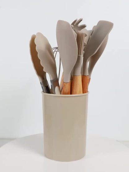 12pcs, Silicone Utensil Set, Khaki Kitchen Utensil Set With Wooden Handle, Safety Cooking Utensils Set, Non-Stick Kitchen Tools Set, Washable Modern Cookware, Kitchen Stuff, Kitchen Gadgets Kitchen Accessories