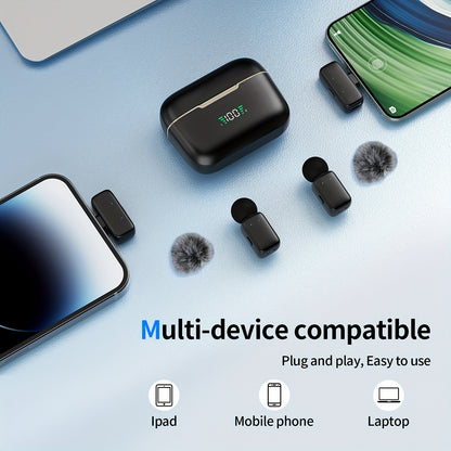 2 Wireless Lavalier Microphones with Charging Case - Clip-On, USB-C, 100°C High Sensitivity, 3.5mm Jack, Compact Design for Video Recording, Vlogging, Interviews, Streaming, Microphone for Phone, Vlogging Accessories, Modern