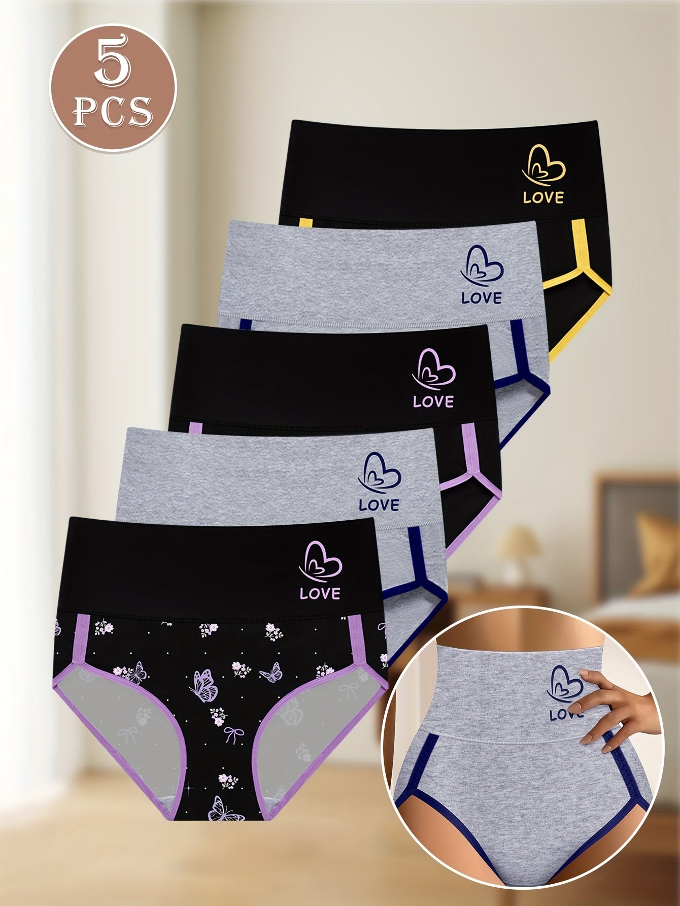 5pcs Women'S High-Waisted Shapewear Briefs - Comfortable Two-Tone Design with "LOVE" Heart & Paw Print Patterns, Breathable Polyester Blend, Sizes S-XXL, Cute Underwear, Highwaisted Underwear, Elegant Underwear, Comfortable F