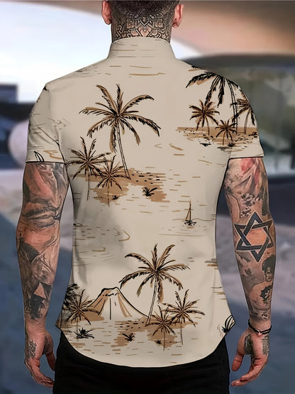 Camisa de homem de manga curta com estampado de coqueiros, ideal para o dia a dia em resorts e para a praia.
