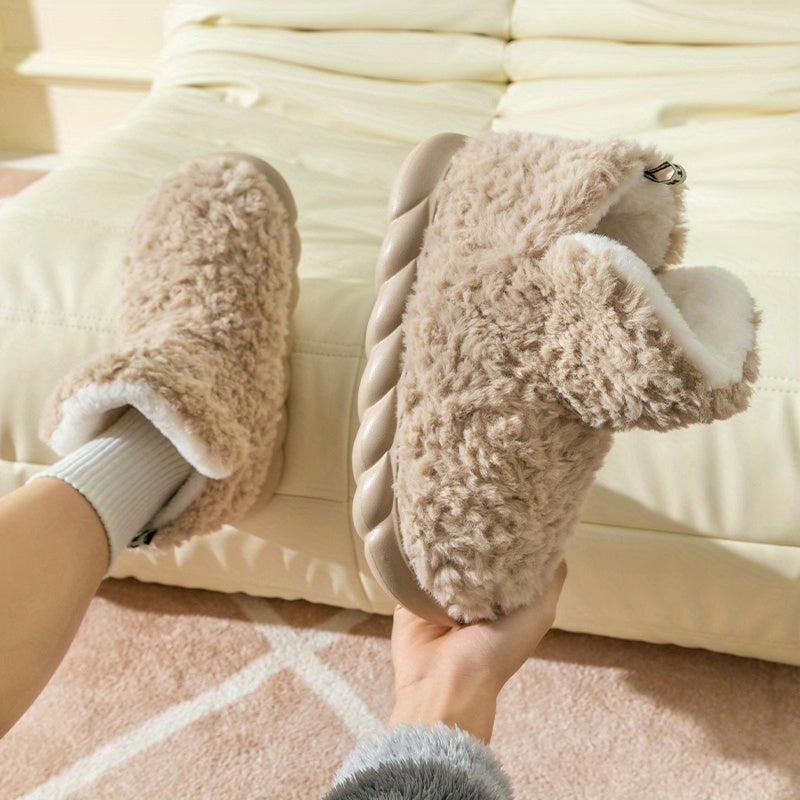 Women's Solid Color Fuzzy Slippers, High-top Round Toe Non-slip Thick Bottom Fluffy Warm Shoes, Winter Cozy Indoor Shoes