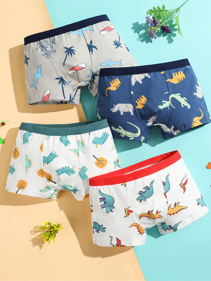 Conjunto de 8 Cuecas Boxer para Criança com Estampas de Dinossauro e Camião Escavador - Tecido Elástico Respirável, Cintura Elástica, Roupa Íntima Macia e Casual para Jovens, Cuecas Boxer Elegantes para Meninos