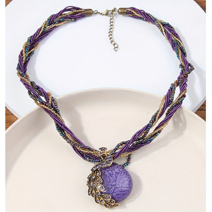 A Vintage Peacock Gemstone Necklace with a Bohemian Style, Made by Hand, Suitable for Women, Perfect for Sweaters.
