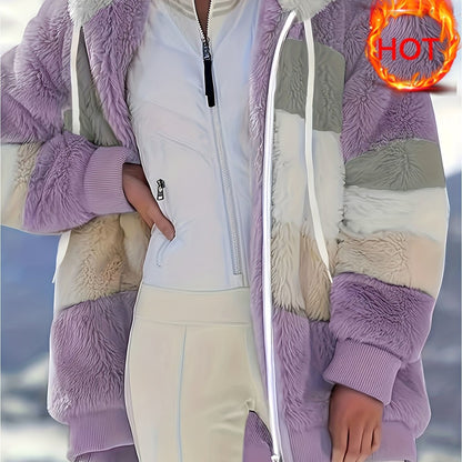Women's Plush Faux Fur Hooded Jacket - Loose Fit Color Block Coat with Blue/Beige/White/Black Design, Long Sleeve Winter Warmth, Machine Washable for Casual & Formal Outfits, Ladies Winter Coats, Autumn Layering Piece, Formal