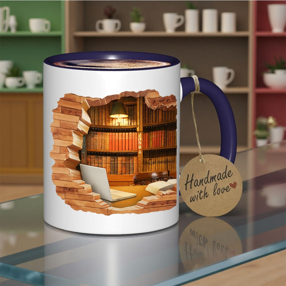 1pc 11oz 3D Magic Color-Changing Book-Themed Ceramic Mug - Reusable Coffee & Tea Cup with Bookshelf & Open Book Design, uthor Logo Slot, Hand Wash Only - Gift for Readers, Writers, Librarians (Birthday/Christmas/Halloween), C