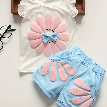 Girl's Summer Cotton Two-piece Set, Baby Girl Sunflower Print Short Sleeve Ruffled Top & Shorts Outdoor Wear Outdoor Clothing