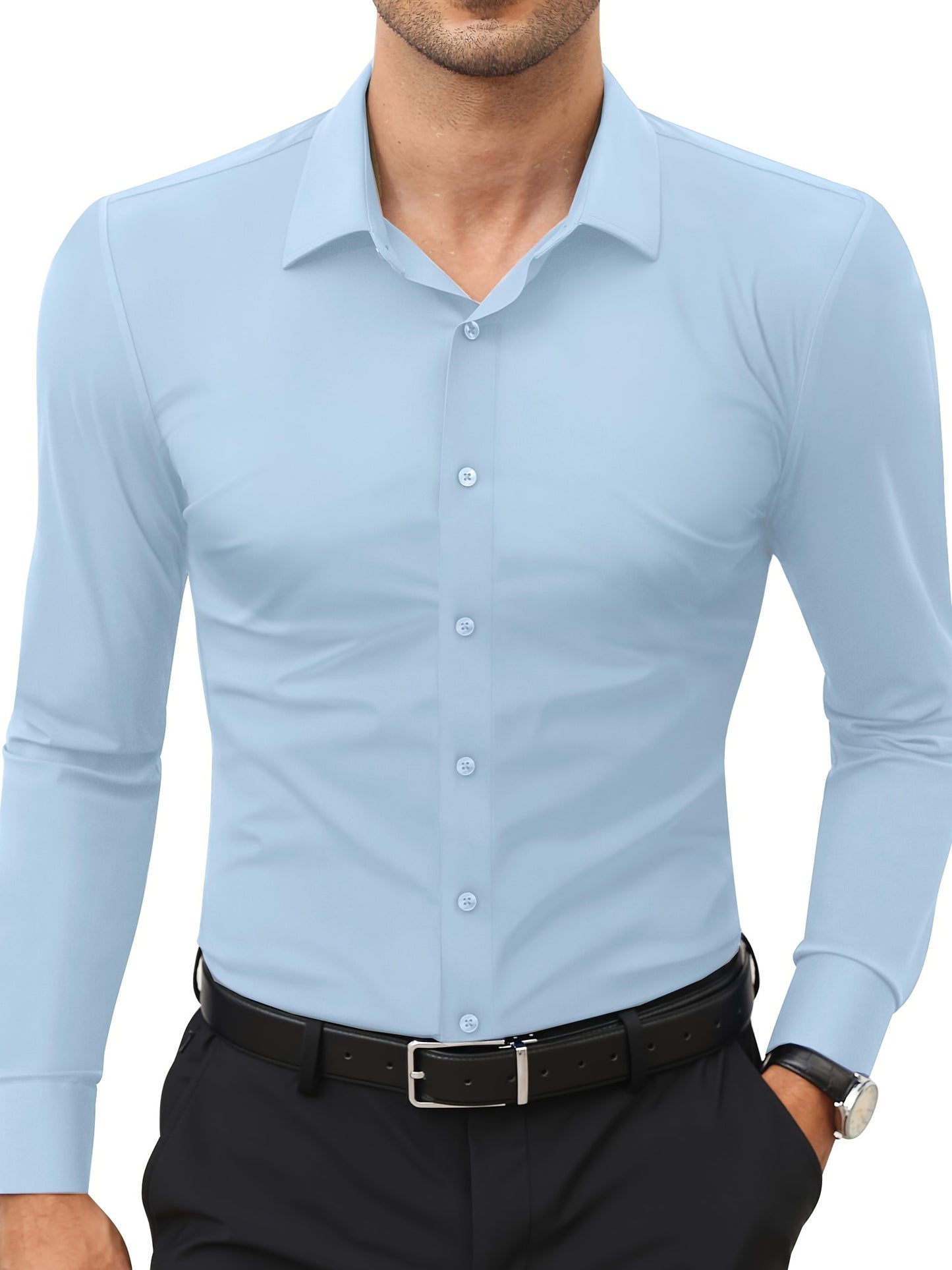 Men'S Slim Fit Long Sleeve Shirt - 55% Cotton, 40% Polyester, 5% Spandex, Solid Color, All-Season, Woven Fabric, Button-Up, Lapel Collar, Casual Weekend Wear, 125g/m²