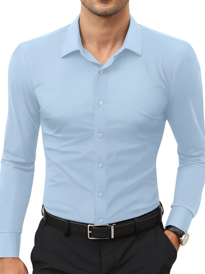Men'S Slim Fit Long Sleeve Shirt - 55% Cotton, 40% Polyester, 5% Spandex, Solid Color, All-Season, Woven Fabric, Button-Up, Lapel Collar, Casual Weekend Wear, 125g/m²