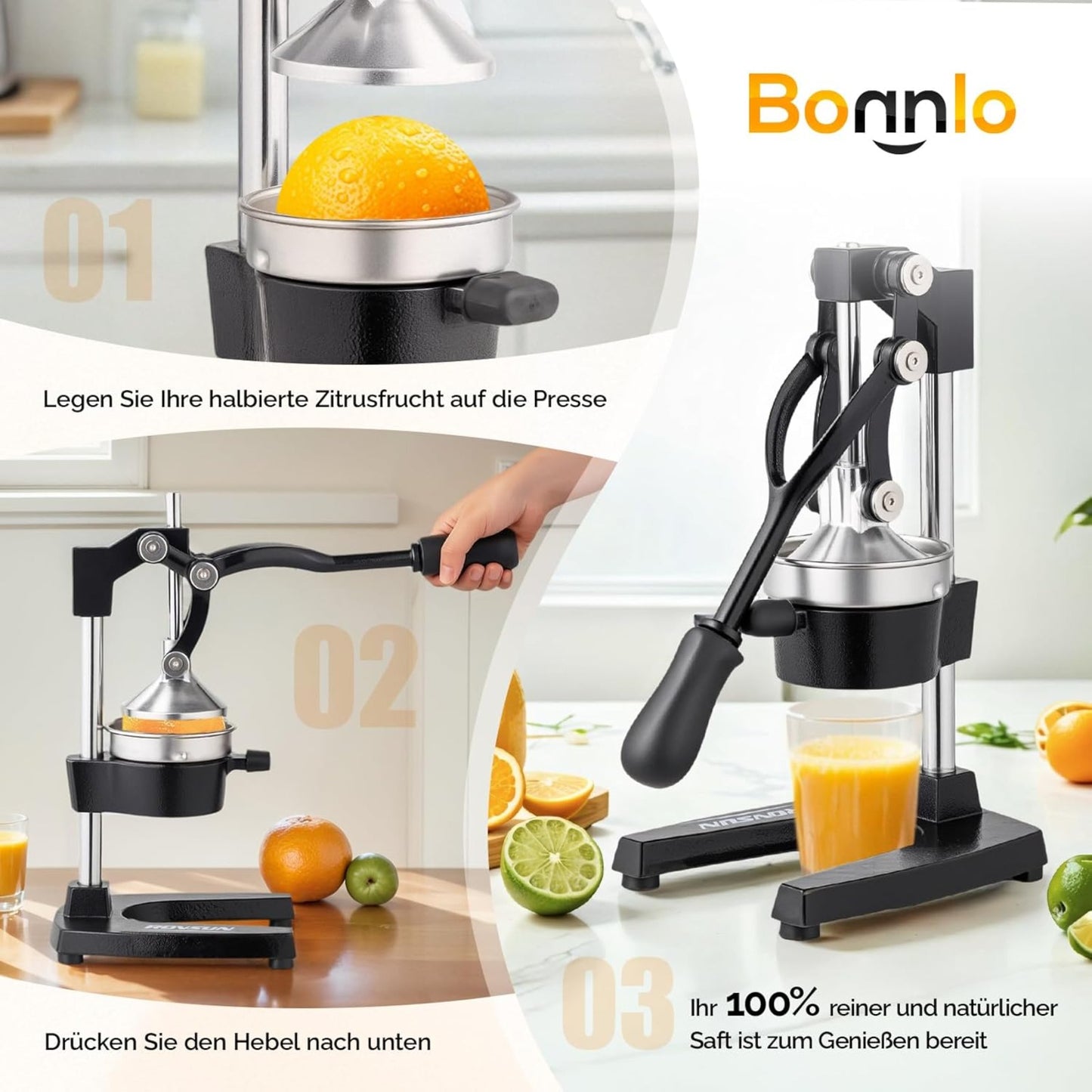 Bonnlo Heavy-Duty Manual Juicer with Removable Top Filter - Heavy-Duty 316 Stainless Steel Citrus, Apple, Orange, Lemon, Lime, Grapefruit Press - Non-Electric Mincer for Home & Commercial Use - Easy-Clean Design, Compact Juic